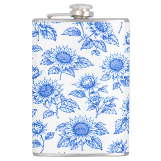 Elegant Toile du Jouy Sunflowers – Blue Botanical Hip Flask