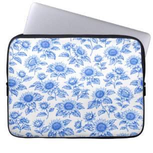 Elegant Toile du Jouy Sunflowers – Blue Botanical Laptop Sleeve