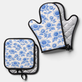 Elegant Toile du Jouy Sunflowers – Blue Botanical  Oven Mitt & Pot Holder Set