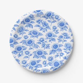 Elegant Toile du Jouy Sunflowers – Blue Botanical  Paper Plate