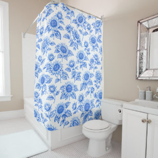 Elegant Toile du Jouy Sunflowers – Blue Botanical  Shower Curtain