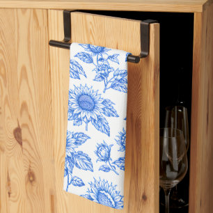 Elegant Toile du Jouy Sunflowers – Blue Botanical Tea Towel