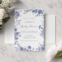 Elegant Toile French Blue Floral Baby Shower
