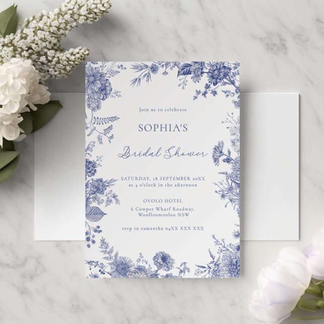 Elegant Toile French Blue Floral Bridal Shower Invitation (Creator Uploaded)