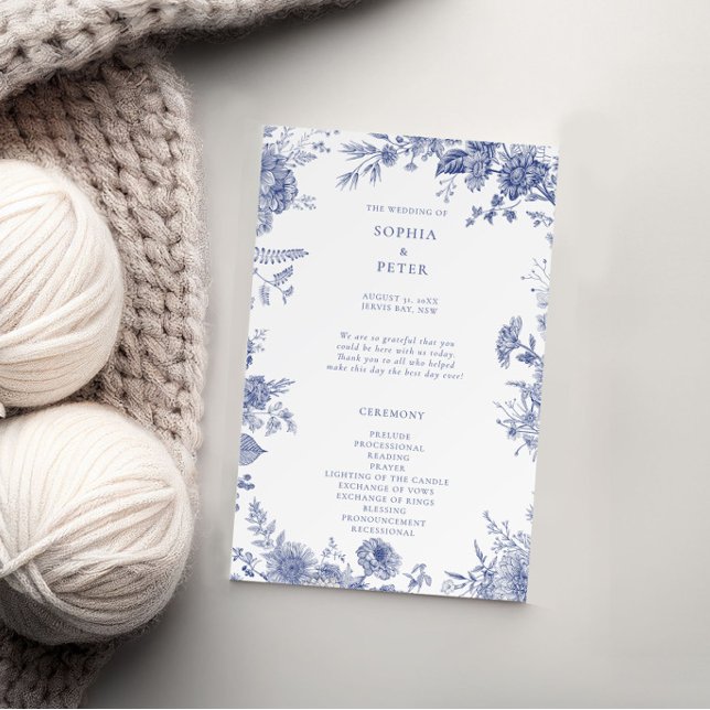 Elegant Toile French Blue Floral Ceremony Program (Creator Uploaded)