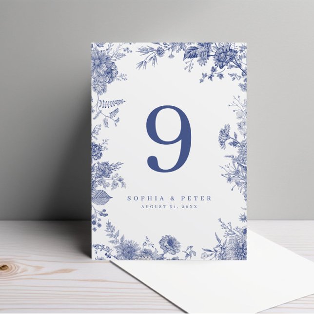 Elegant Toile French Blue Floral Table Number (Creator Uploaded)
