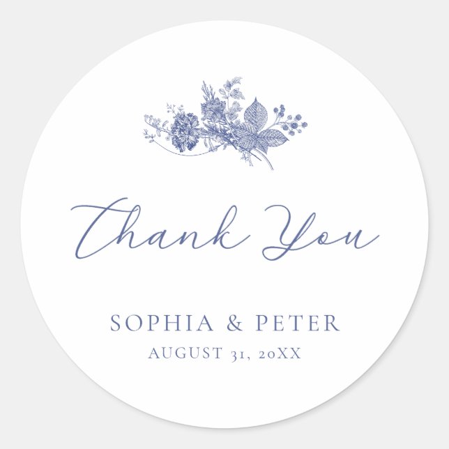 Elegant Toile French Blue Floral Thank you Sticker (Front)