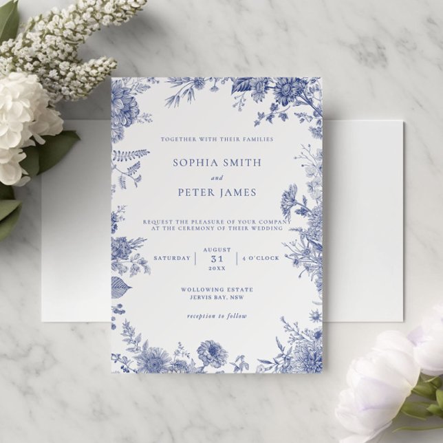 Elegant Toile French Blue Garden Floral Invitation (Creator Uploaded)