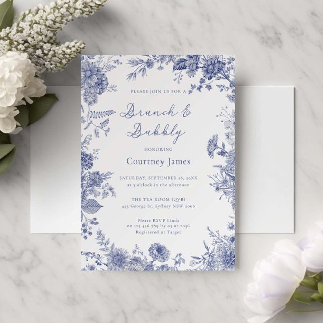 Elegant Toile French Blue toile Brunch and Bubbly Invitation (Creator Uploaded)