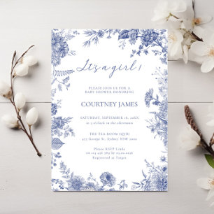 Elegant Toile French Blue toile it's a girl baby  Invitation