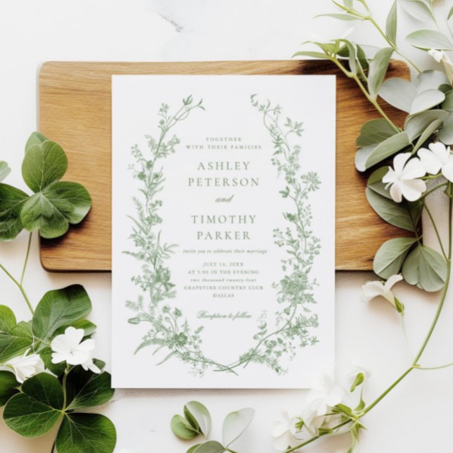 Elegant Toile French Sage Green Floral Wedding Invitation (Creator Uploaded)