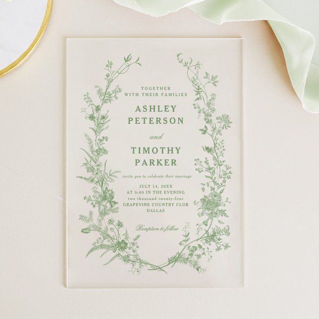 Elegant Toile Sage Green Floral Wedding Acrylic Invitations (Creator Uploaded)