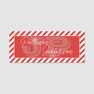 Elegant Tomato Red White Striped: Stylish Monogram Name Tag