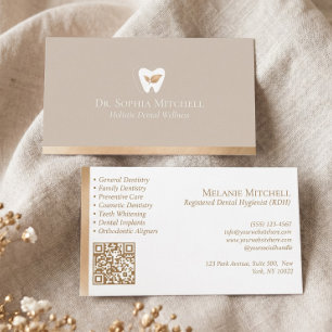 Elegant Tooth & Leaf Dental Practice Gold Qr Code Business Card