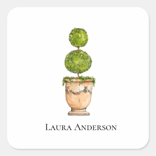 Elegant topiary watercolor  square sticker (Front)
