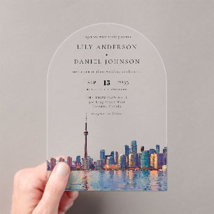 Elegant Toronto Skyline Watercolor Wedding Arch Acrylic Invitations