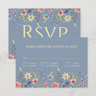 Elegant Traditiona Floral Dusty Blue Wedding RSVP Card