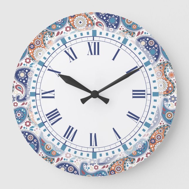 Elegant traditional blue and orange paisley print large clock (Front)