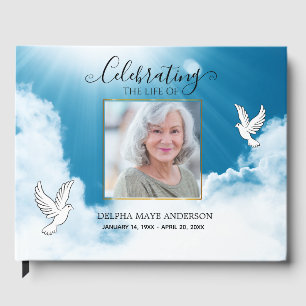 Elegant Traditional Blue and White Dove Memorial Guest Book