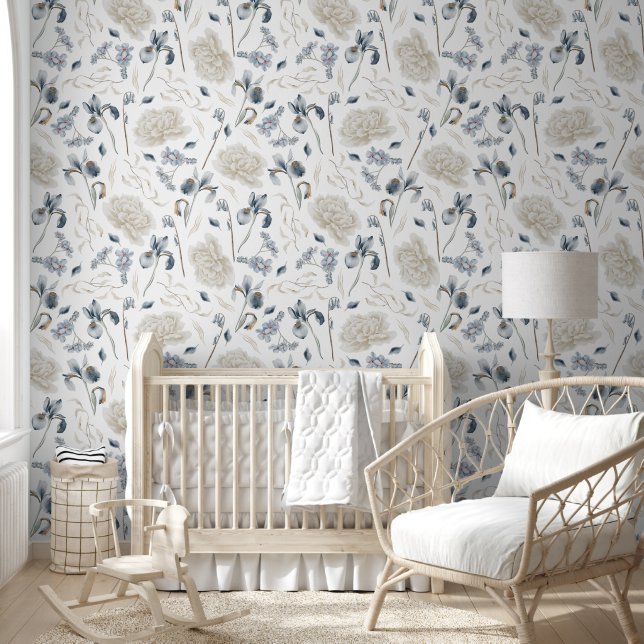 Elegant Traditional Blue & White Floral Pattern Wallpaper (Kids)