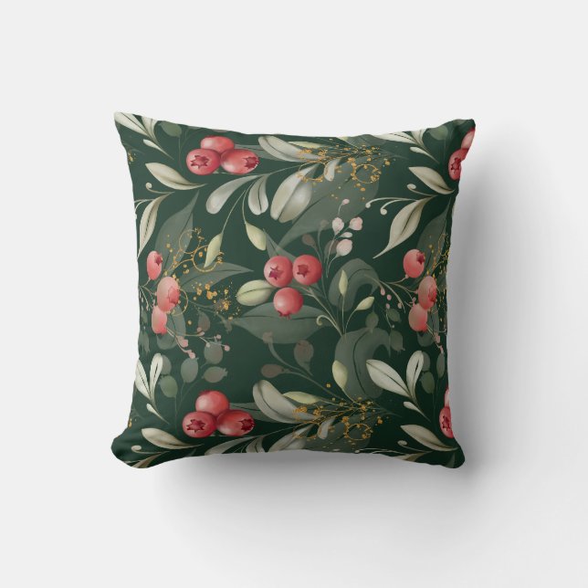 Elegant Traditional Christmas Greenery and Berries Cushion (Front)