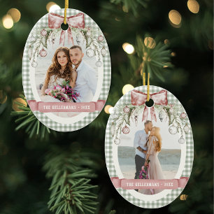 Elegant Traditional Gingham Photo Christmas Ceramic Tree Decoration