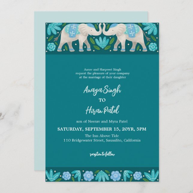 Elegant Traditional Indian Elephants Wedding Invitation (Front/Back)
