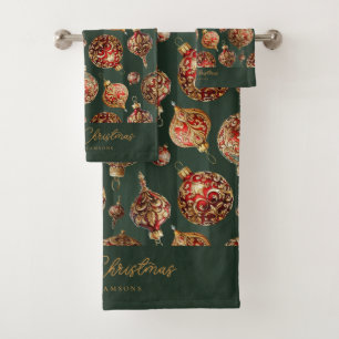 Elegant Traditional Red & Gold Christmas Baubles Bath Towel Set