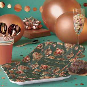 Elegant Traditional Red & Gold Christmas Baubles Paper Plate