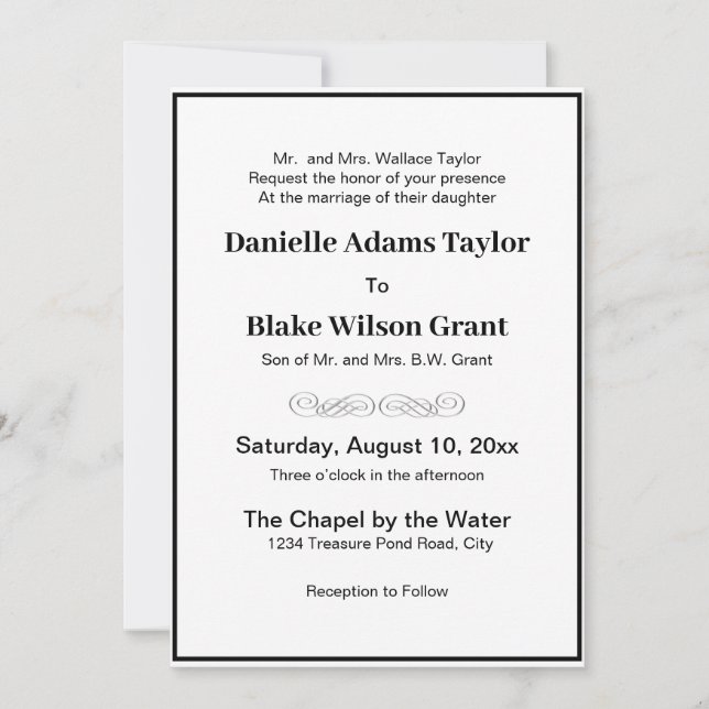 Elegant Traditional Words Black & White Wedding Invitation (Front)