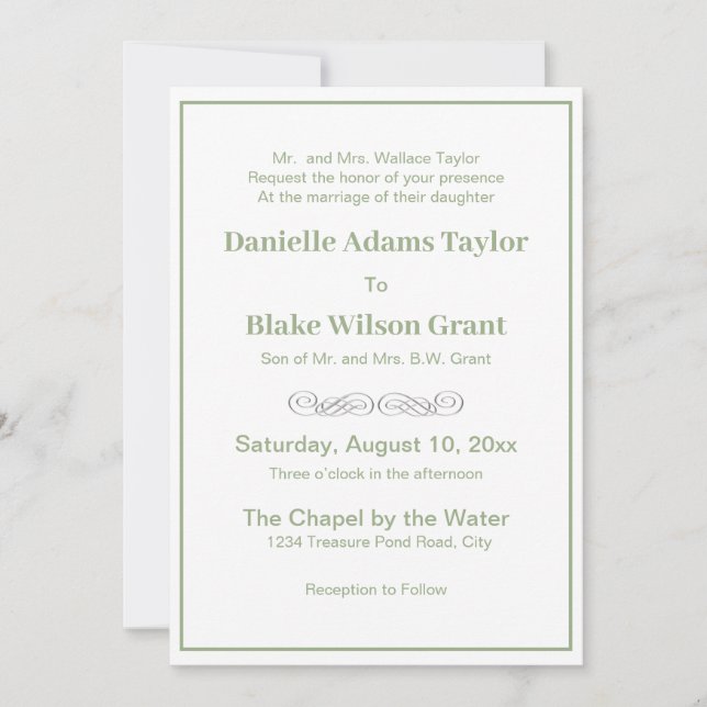 Elegant Traditional Words Sage Green White Wedding Invitation (Front)