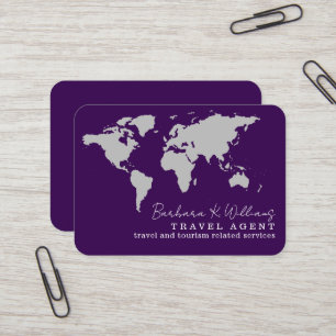 Elegant Travel Agent world map purple Business Card