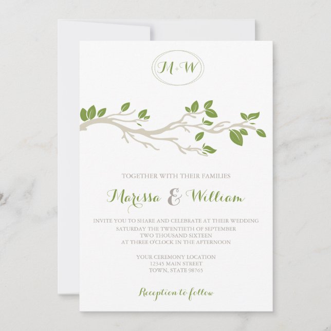 Elegant Tree Branch Green/Beige Wedding Invitation (Front)