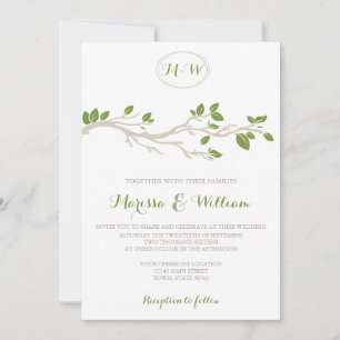 Elegant Tree Branch Green/Beige Wedding Invitation