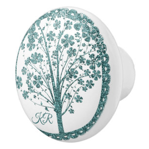 Elegant Tree of Life Blue Glitter Yoga Monogram Ceramic Knob