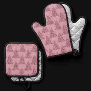 Elegant Tree Pattern Dusty Mauve Pink Christmas Oven Mitt & Pot Holder Set