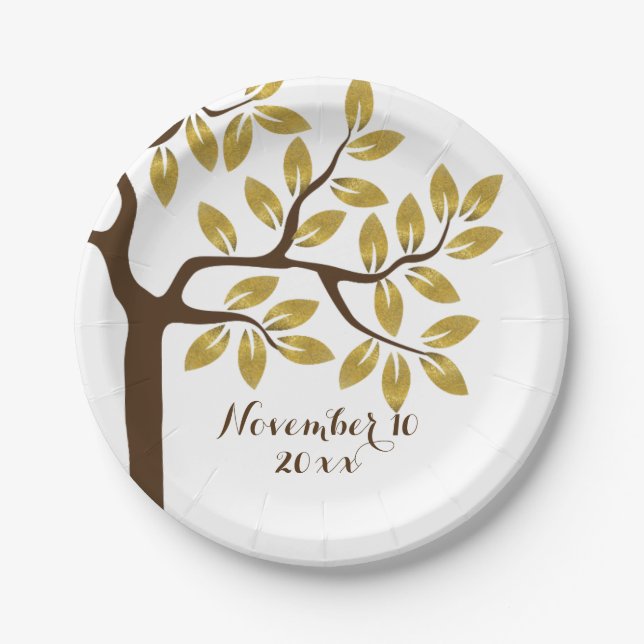 Elegant tree with gold foil leaves modern wedding paper plate (Front)