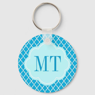 Elegant, trendy, aqua blue quatrefoil key ring