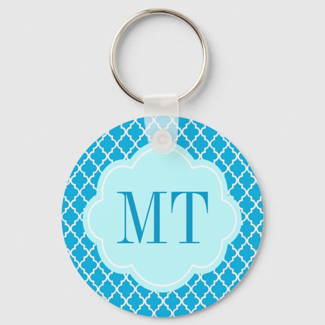 Elegant, trendy, aqua blue quatrefoil key ring (Front)