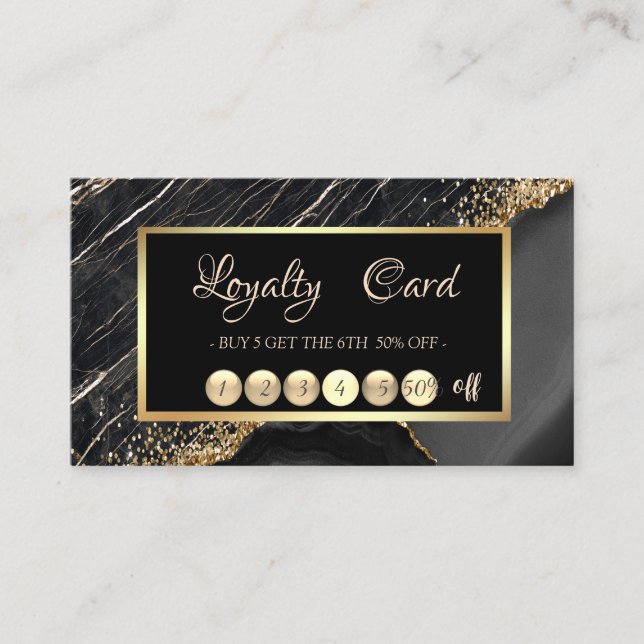 Elegant Trendy Black Marble Gold Sequins Frame   Loyalty Card (Front)