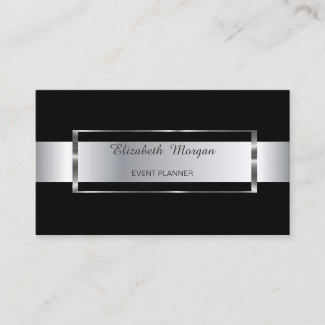 Elegant Trendy Black  Stripe Silver Frame Business Card (Front)
