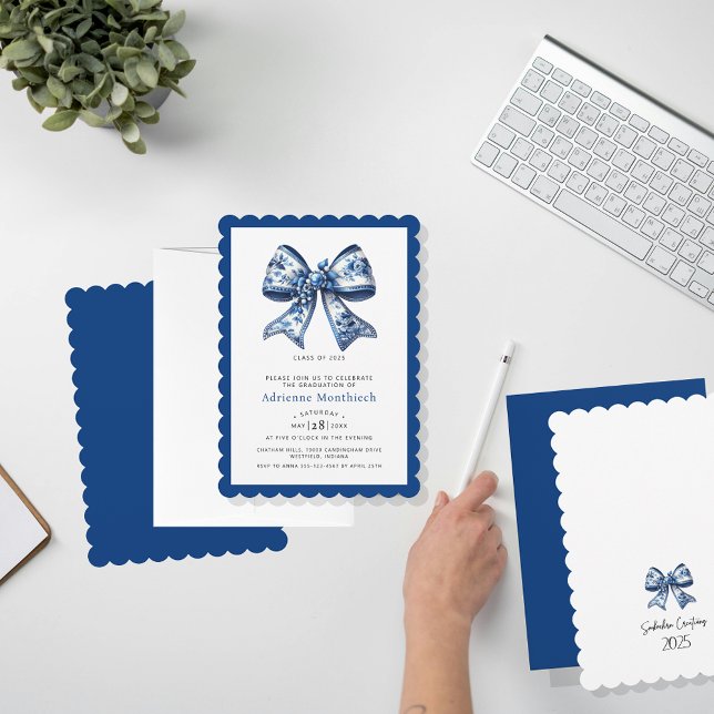 Elegant Trendy Blue Floral Bow Graduation Party Invitation (Creator Uploaded)