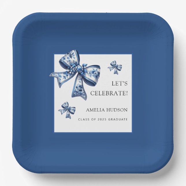 Elegant Trendy Bows Blue Class Of 2025 Graduate Paper Plate (Front)