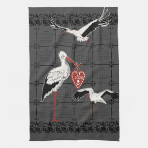 Elegant Trendy Charcoal Folk Stork 2026 Calendar Tea Towel