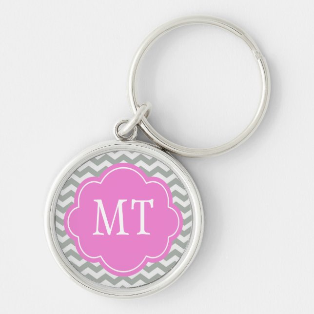 Elegant, trendy, classic gray chevron monogram key ring (Front)