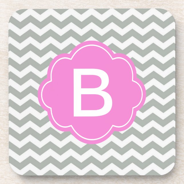 Elegant, trendy, classic grey chevron monogram coaster (Front)