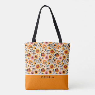 Elegant Trendy Colourful Floral Personalise Name Tote Bag