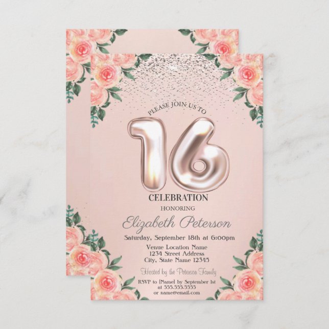Elegant Trendy Confetti Flowers Sweet 16 Invitation (Front/Back)