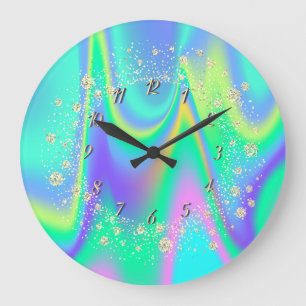 Elegant Trendy Confetti Rainbow Holographic Large Clock