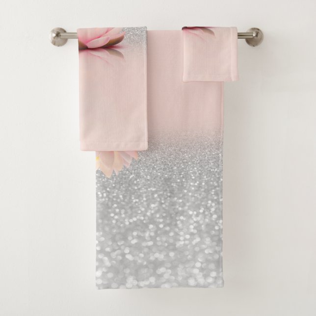 Elegant Trendy Girly, Lotus Silver Glitter Bokeh Bath Towel Set (Insitu)